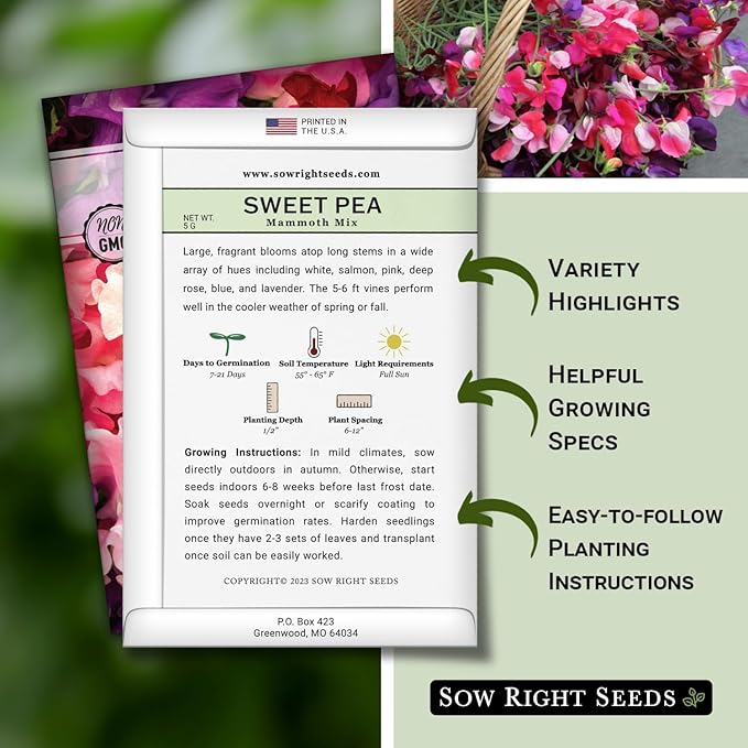 Sow Right Seeds - Mammoth Mix Sweet Pea Seeds for Planting - Beautiful Flowers to Plant in Your Garden - Non-GMO Heirloom Packet - Fragrant Colorful Blooms for Bouquets - Wonderful Gardening Gift (1)