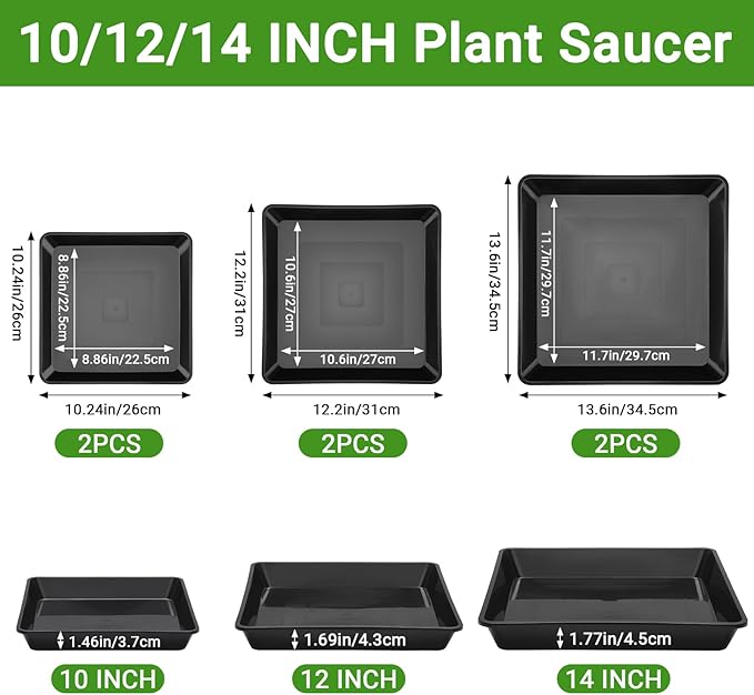 GREANER 10/12/14 Inches Square Plant Saucer, Black Plant Drainage Tray, Seed Starter Growing Trays for Indoors and Outdoors (6 PCS)