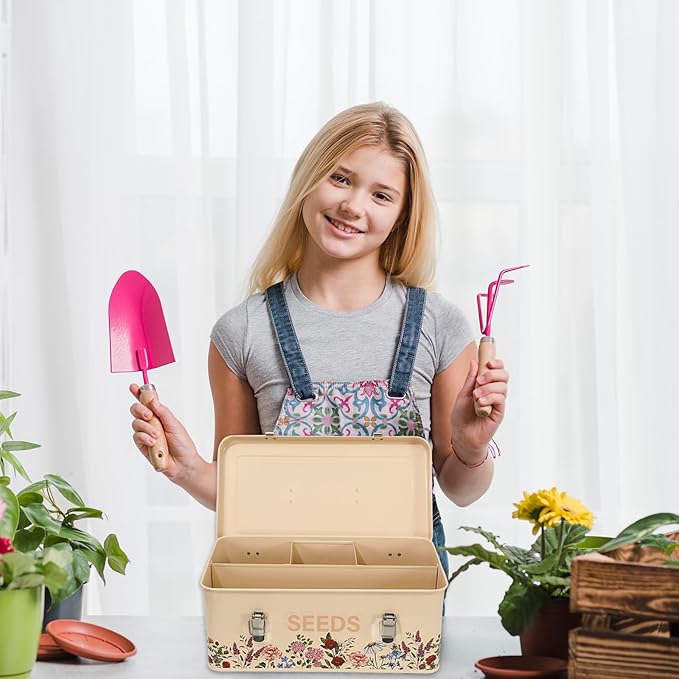 JarThenaAMCS Spring Wildflower Seeds Storage Organizer Metal Seed Saving Box 4 Dividers Vintage Floral Seed Packet with 50 Seed Kraft Envelopes 50 Blank Plant Label Stakes 1 Marker Pen for Home Garden