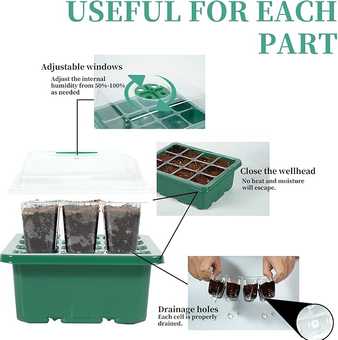 10 Pack 120 Cells Seed Starter Trays with Ventilation Holes - Reusable Seedling Starter Kit for Vegetables, Herbs, Flowers - Indoor Gardening, Plant Germination & Seed Starting (Green)