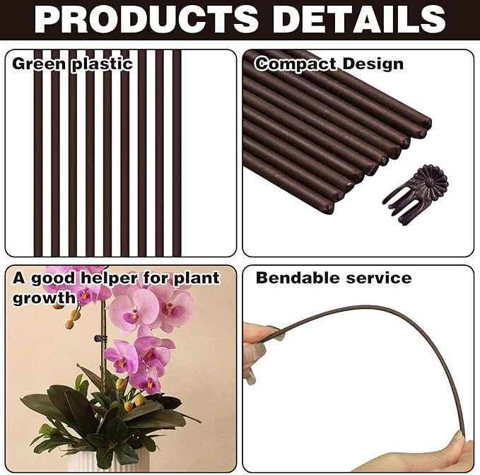50Pcs Plant Stake and Clips Set, Adjustable Bendable Garden Stakes for Tall Plants | Durable Plant Sticks for Pots, Flowers, Vines | Indoor & Outdoor Use | Brown Gardening Supplies