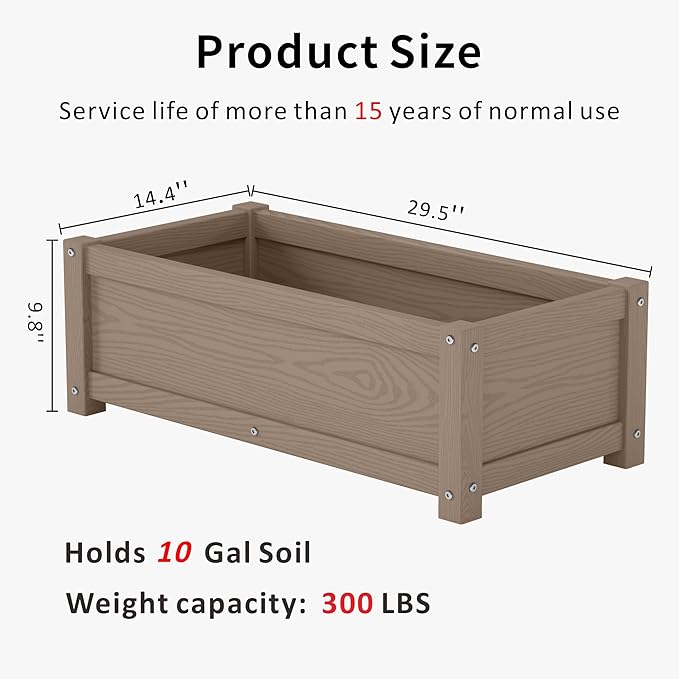 HDPE Raised Planter Box Outdoor,Rot-Resistant and Non-Cracking,Small Raised Beds for Gardening 29.5 * 14.4 * 9.8 in for Yard,Lawn,Outdoor Planter Boxes Rectangle with Drainage Holes Brown