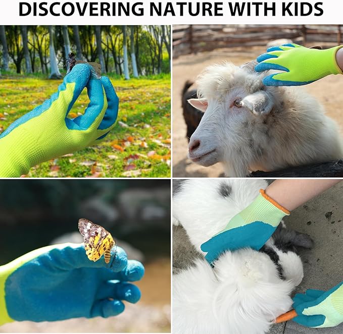 Kids Garden Gloves - 3 Pairs in Orange, Yellow & Green - Lightweight, Breathable, Flexible, Rubber Coated Palms