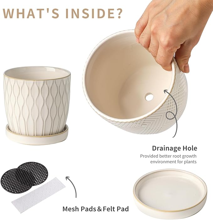 Nihow Ceramic Plant Pots - 4.75 Inch Planters for Indoor Plants,Embossed Flower Pots with Drainage Hole & Saucer,Small Pots for Succulent,Cactus,Little Snake,Set of 2,White -3