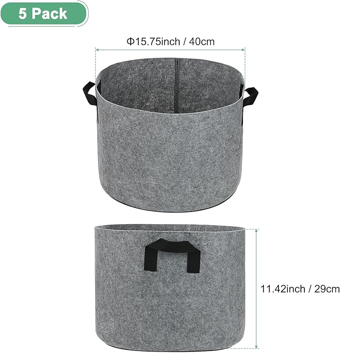 M METERXITY 5-Pack Plant Grow Bags 10 Gallon Grow Bags 300G Thickened Fabric Pots with Durable Handles Plant Garden Grow Pots for Fruits/Vegetables/Flowers/Plants [Grey]