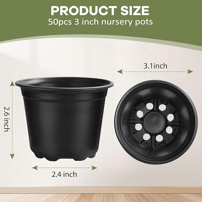 3 Inch Nursery Pots, 50 Packs Plastic Plant Pot with Drainage Hole, Seedling Starter Pots for Succulents (3 Inch)