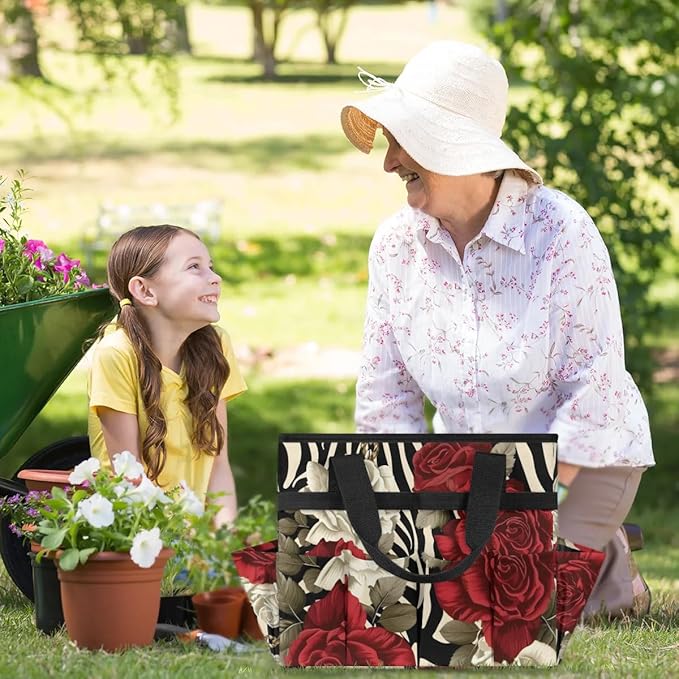 Garden Tool Bag Organizer Garden Tote Bag with Pockets Rose Zebra Pattern Tool Storage Organizer Gardening Tool Kit Holder 13" x 6.8" x 2.8"