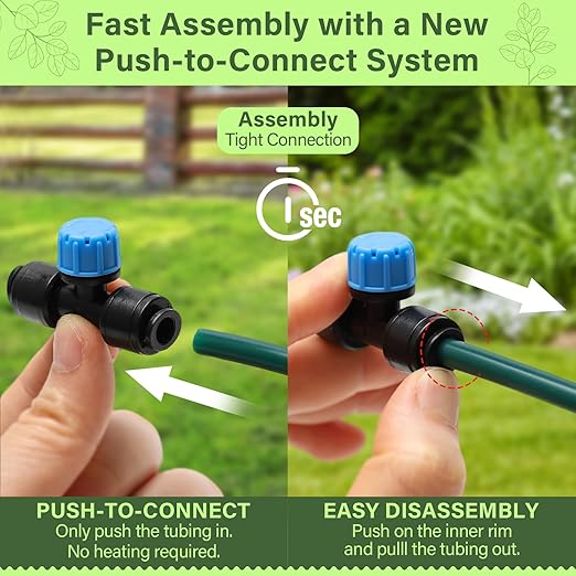 Bonviee 65FT Drip Irrigation System with Quick Connector- New Automatic Drip Irrigation Kits Garden Watering System for Raised Bed Garden Greenhouse with 1/4'' Tubing, Drip Emitters, Connectors