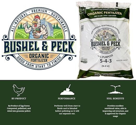 Bushel & Peck Organic Compost Fertilizer 5-4-3 - Pelleted Poultry Manure | OMRI Listed | Natural Soil Amendment for Gardens, Flowers, Vegetables & Lawns (25 Pounds (1 Bag))