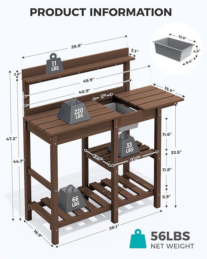 SERWALL Outdoor Potting Bench 2-Piece Set, Rot-Resistant HDPE Potting Table with Removable Sink for Outside Gardening, All-Weather Use - Coffee