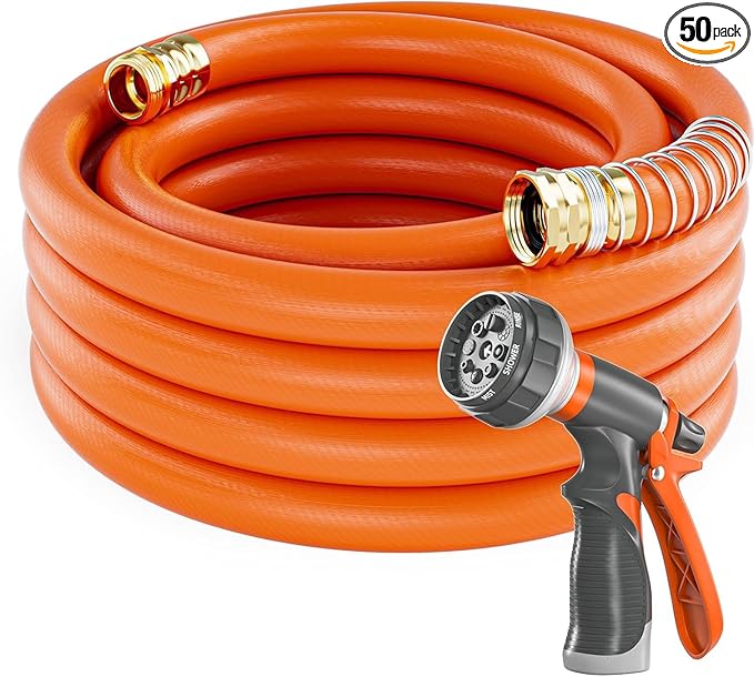 SPECILITE Garden Water Hose 150 ft x 3/4 in Heavy Duty, Flexible and Lightweight, Burst 600 psi, Kink-less Hybrid Rubber Pipe for Backyard, 3/4'' Brass Fittings, Orange