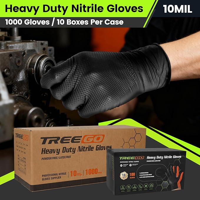 TREEGO 10 Mil Black Nitrile Gloves Bulk Case, 1000 Count Large — Heavy Duty Diamond Texture, Latex Free Disposable Gloves for Shop Teams, Mechanics, Industrial & Maintenance Workflows