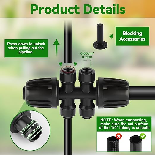 Kalolary 8Pcs 1/2'' to 1/4'' Drip Irrigation Fittings with 6Pcs Plugs, Drip Irrigation Part for 12/16mm to 4/7mm Tube Locked Barbed 6 Hose Connectors Splitter Fitting for Warter Irrigation System