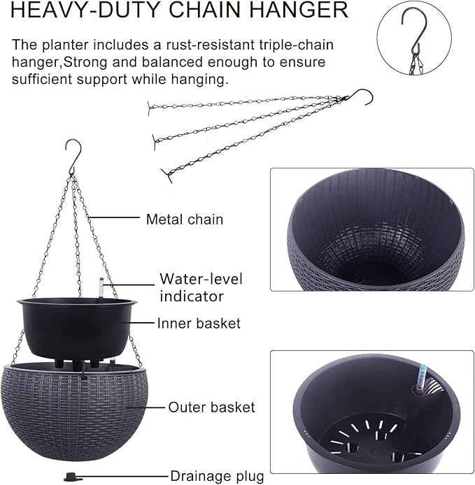 Vencer 11 Inch Round Resin Rattan Hanging Planters,Self Watering Hanging Basket for Indoor Outdoor Plants,Hanging Flower Pots with Drain Hole and Metal Chain,Water Indicator,Grey,VF-A15-G