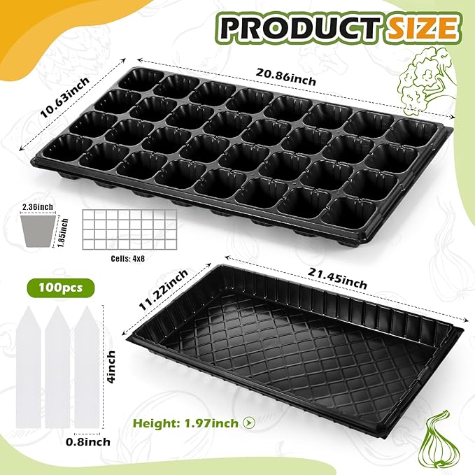 Yinder 20 Pcs Plant Seed Starting Trays, 1020 Trays No Holes and Cells Plug Trays with 100 Pcs Tags, Growing Trays for Nursery, Germination, Wheatgrass, Succulent, Microgreens and More (32 Cells)