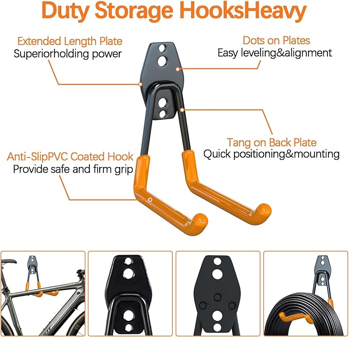 3-H Garage Wall Hooks Heavy Duty 8 Pack, Anti-Slip Steel Wall Mount Storage Hooks for Hanging Ladder Garden Yard Tools, Utility Organizer for Garage Lawn Shed(Orange)