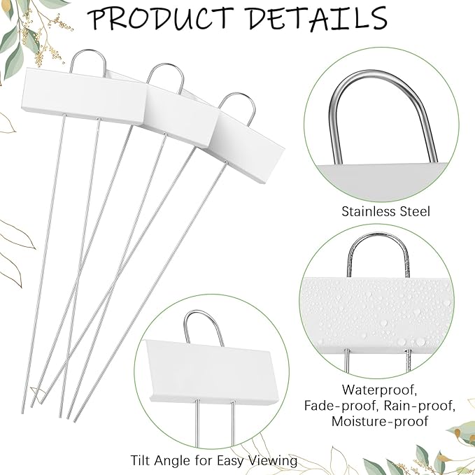 Maitys 62 Pcs Metal Garden Markers Plant Label Stakes Outdoor Weatherproof 10.6 Inch Stainless Steel Nursery Tags Bulk with Pens (White Label with Black Ink)