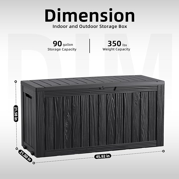 ROJIK 90 Gallon Waterproof Outdoor Deck Storage Box, Lockable Resin Patio Storage Bin with Lid for Garden Tools, Patio Cushions & Outdoor Accessories(Black)