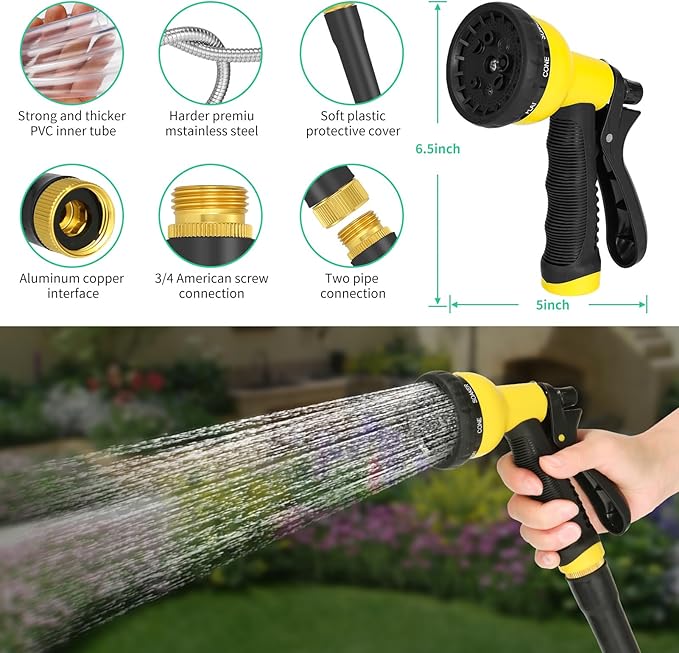 100FT Garden Hose, Flexible, Kink-Free, Lightweight, Crush Resistant Fittings AMOOX Stainless Steel Water Hoses with Nozzles Metal Hose for Yard, RV, Garden, Outdoor