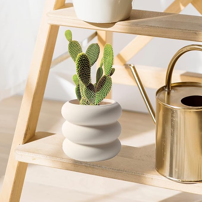 Ceramic Plant Pot Indoor, 4.5 Inch Beige Unglazed Flower Pot with Drainage Hole, Small Bubble Design Ceramic Planter for Home & Office Decor