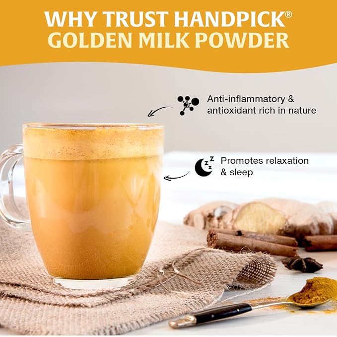 HANDPICK Golden Milk Powder with Turmeric - (7oz, 80 servings) Instant Latte Mix | Blend of Ginger, Black Pepper and Curcumin