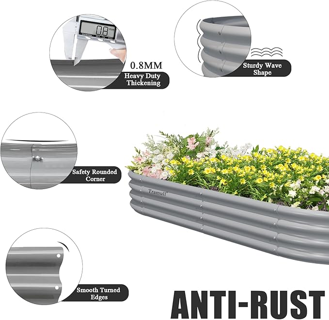 6 Pack 8x4x1FT Galvanized Raised Garden Bed Kit Oval Metal Ground Planter Box Outdoor Bottomless Planter Raised Beds for Vegetables Flowers Herbs Fruits, Gray