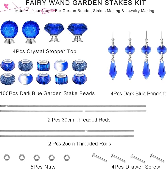 121 Pcs DIY Fairy Wand Beaded Garden Stakes Kit, Fairy Wands Garden Kit Dark Blue Large Hole Bead with Pendants Crystal Stopper Top Threaded Rod Beaded Garden Stakes Supplies for Outdoor Decorative