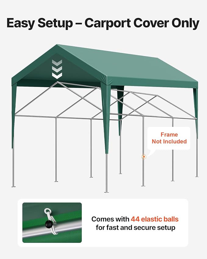 VEVOR Carport Replacement Canopy, 10 x 20 ft Potable Garage Tent Top Tarp, UV-Resistant & Waterproof Car Shelter Tarp, Heavy Duty Car Port Cover with Ball Buggees, Dark Green, Frame Not Included