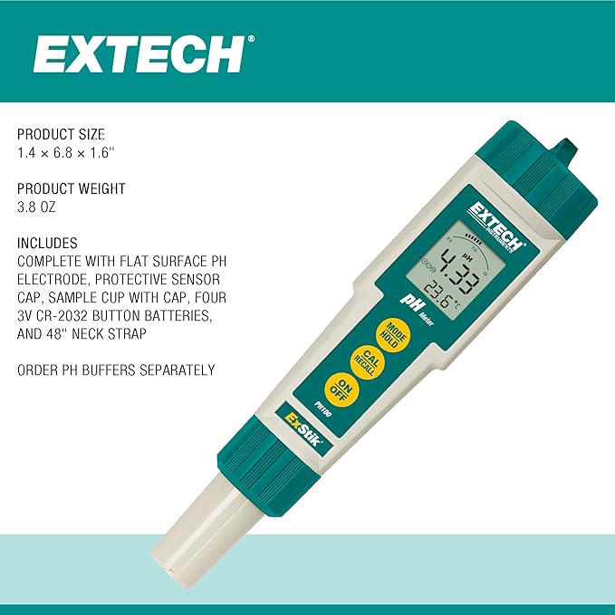 Extech PH100 Waterproof ExStik II pH Meter Kit with Flat Surface Electrode and Temperature Display