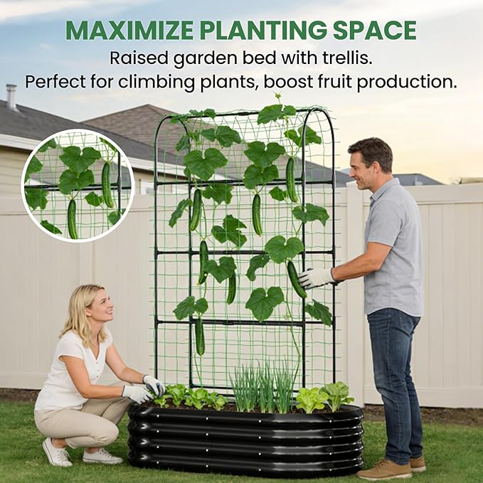 2 in 1 Galvanized Raised Garden Bed with 71" H Arch Trellis for Climbing Plants, Outdoor Gardening Planter Box with Climbing Net for Flowers Vegetables Fruits Herbs, Black