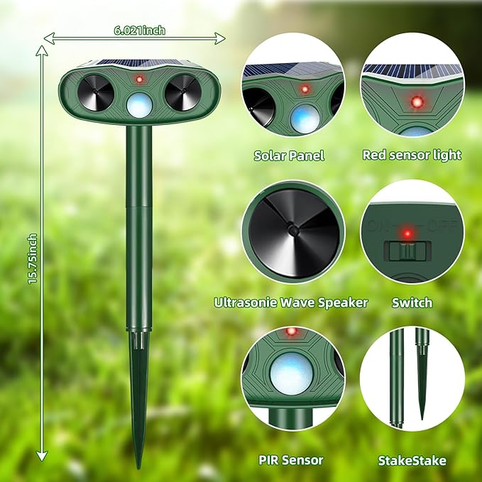 2026 Solar Ultrasonic Animal Repellent Outdoor Deer Repellent Devices, 4Pack Cat Repellent Outdoor with Motion Sensor, Squirrel Repeller to Scare Squirrel Rabbit Deterrent for Yard Farm