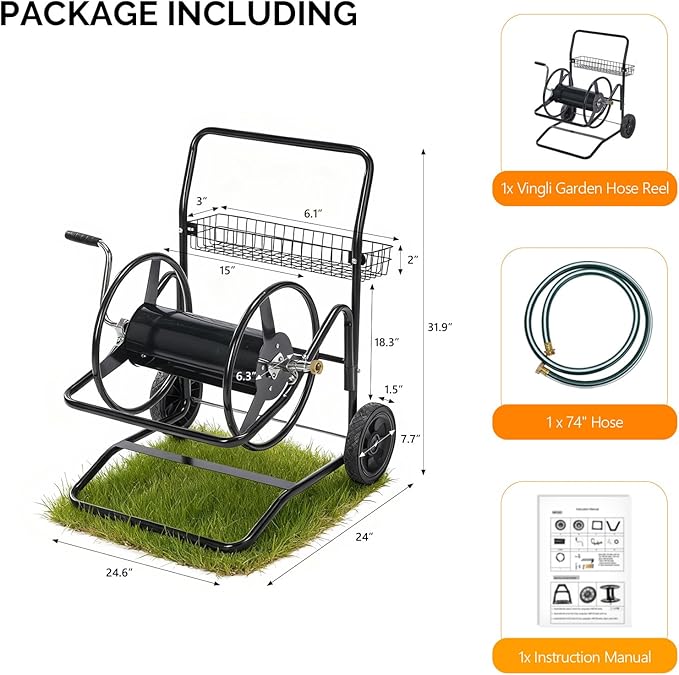VINGLI 2-Wheel Garden Hose Reel Cart, Freestanding Water Hose Reel for Outside with Heavy Duty Portable Rolling Design Metal, 200FT Capacity for 3/4" Hose for Outdoor Use (Black)