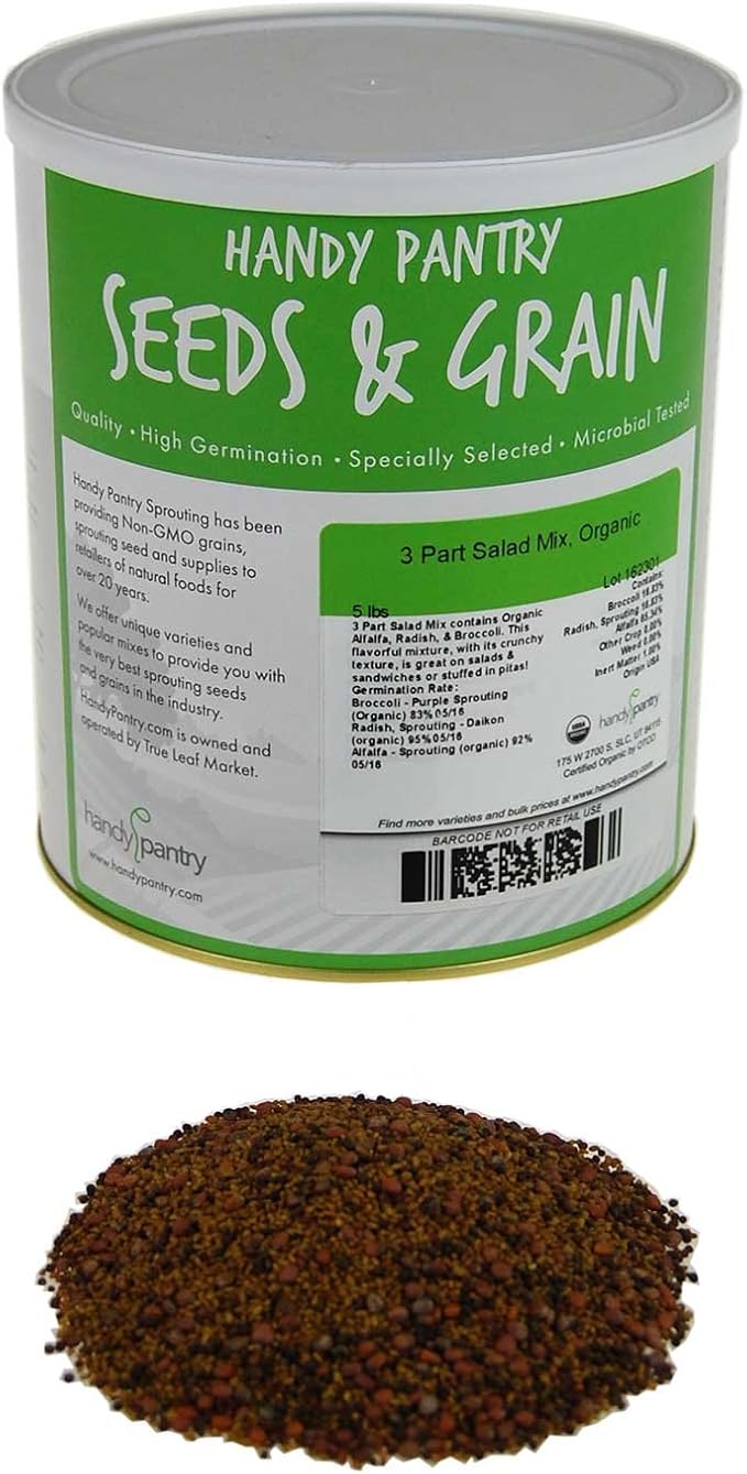 Handy Pantry Organic Salad Sprouting & Microgreens Mix – 5 LB – Non-GMO, High-Germination Blend of Alfalfa, Broccoli, Lentil, Mung Bean & Radish Seed – Fresh, Crisp Sprouts & Nutritious Micro Green