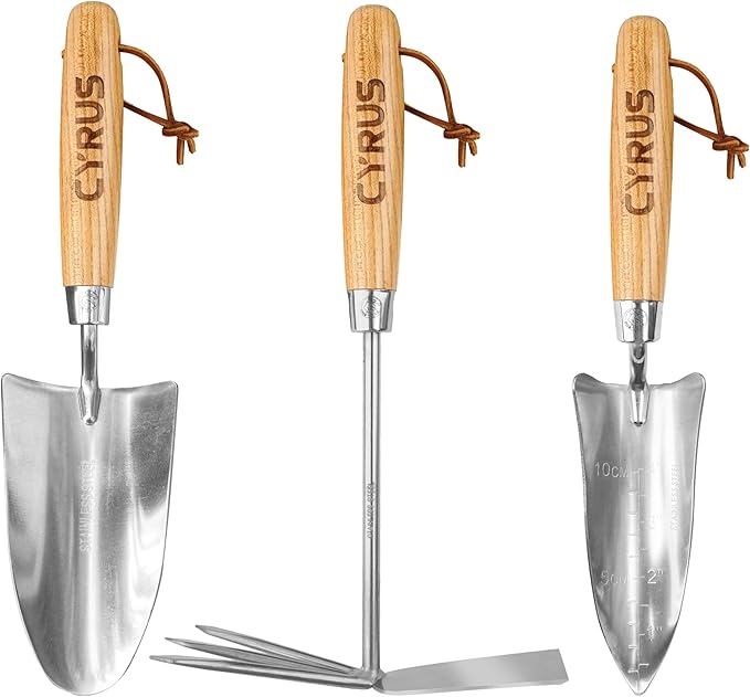 CYRUS Garden Shovel Tool Set,3 Piece Garden Shovel Stainless Steel,Includes Hand Trowels, Transplanting Shovel and Hand Rake with Ash Wood Handle,Gardening Shovels for Planting