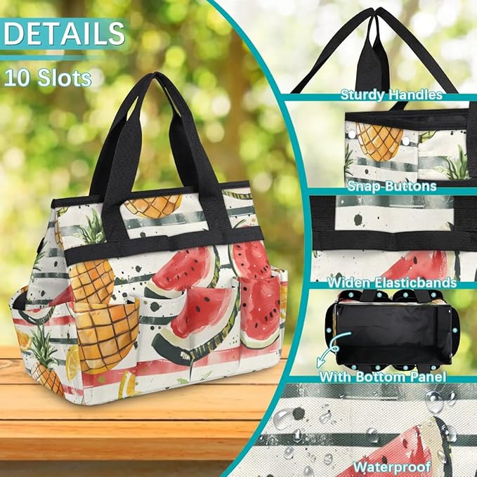 Garden Tool Bag Organizer Garden Tote Bag with Pockets Striped Watermelon Pineapple Tool Storage Organizer Gardening Tool Kit Holder 13" x 6.8" x 2.8"