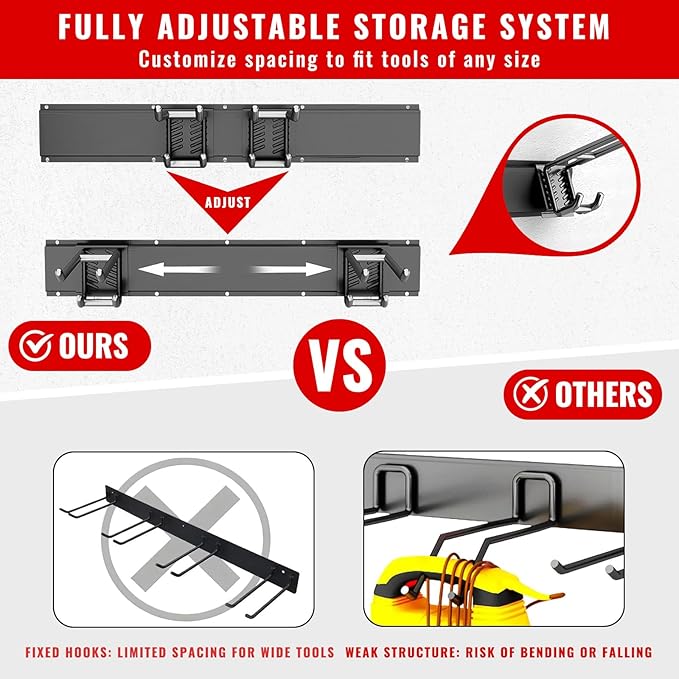 Garage Tool Organizer Wall Mount, Easy to 64inch Install Heavy-Duty Garage Storage System with 11 Adjustable Hooks, Garden Tool Rack for Shovels, Rakes, Yard Tools