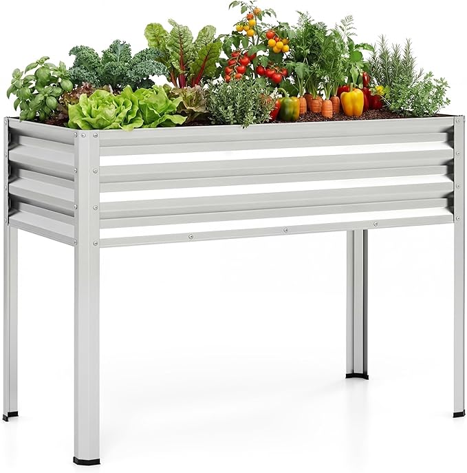 Giantex Raised Garden Bed with Legs, 44" x 22" x 32" Metal Large Elevated Planter Box for Vegetable Flower Fruit Herb, Heavy Duty Outdoor Gardening Planter for Backyard Patio Balcony, Silver