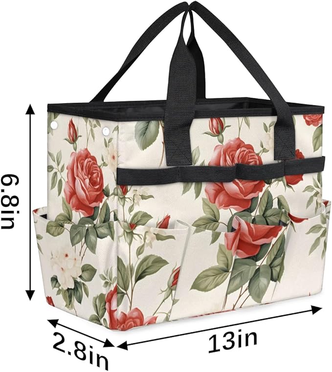 Garden Tool Bag Organizer Garden Tote Bag with Pockets Rose Pattern Tool Storage Organizer Gardening Tool Kit Holder 13" x 6.8" x 2.8"