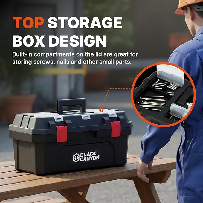 Black Canyon 17 Inch Plastic Tool Box, Support up to 44 lbs,Dual-Layer Design, Flexible for Stacking, Top-Lid Storage, Ideal for DIY, Workshop