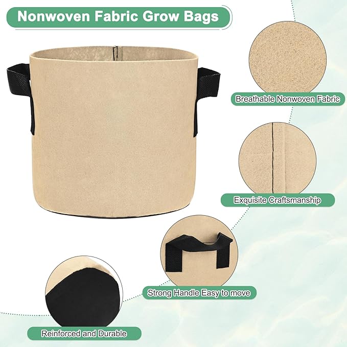 M METERXITY 5-Pack Plant Grow Bags 2 Gallon Grow Bags 300G Thickened Fabric Pots with Durable Handles Plant Garden Grow Pots for Fruits/Vegetables/Flowers/Plants [Khaki]