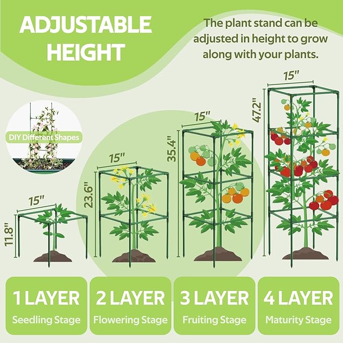 3 Pack Tomato Cages with 17 Gallon Grow Bags - 48 Inch Square Plant Support Trellis Tomato Planter Pots Kit - Garden Stakes for Vertical Climbing Plants Vegetable Flower Fruit Outdoor Indoor