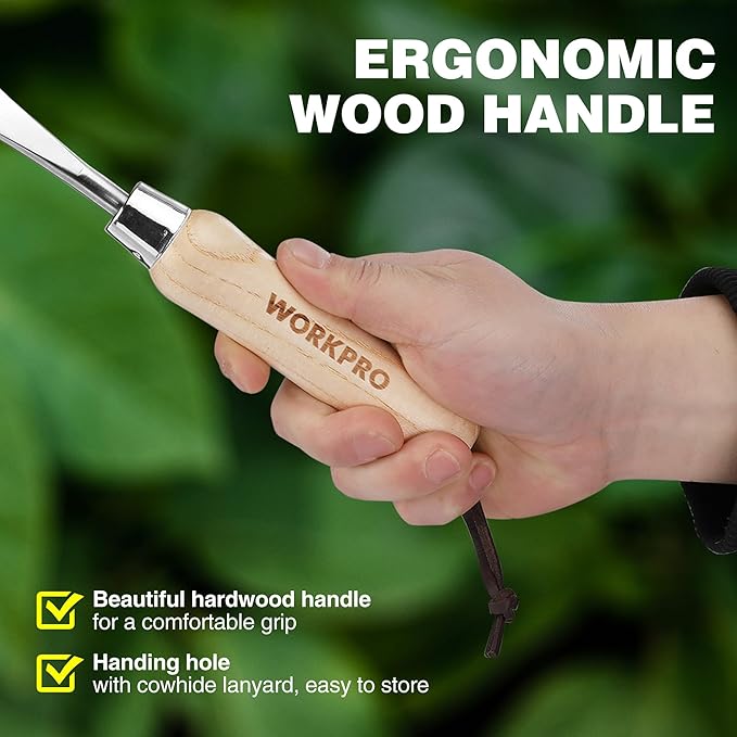 WORKPRO Crack Weeder, 12" Stainless Steel Crevice Weeding Tool with Ash Wooden Handle, L-Shaped Side-Walk Weed Puller Spatula, for Garden Lawn Yard Patio Terrace Paving Moss Garden Tool