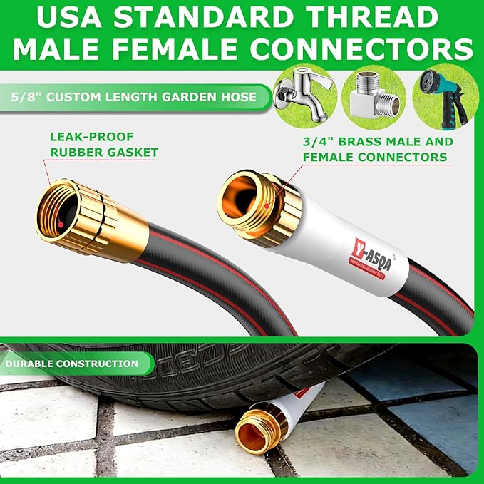 YASQA Heavy Duty Garden Hose 100 ft 5/8 Inch, Contractor's Leak Proof Durable No Kink Easy Coil Flexible Hose Black & water hose 100ft