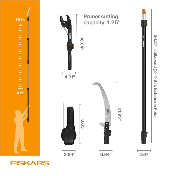 Fiskars XtendControl 16' Tree Pruner Kit with Rotating Pruner Head, 15" X3 Double-Hooked Saw, Two 4-8 Ft Extension Poles, Cuts Branches up to 1.25", Pivots 45 Degrees, Lightweight Aluminum