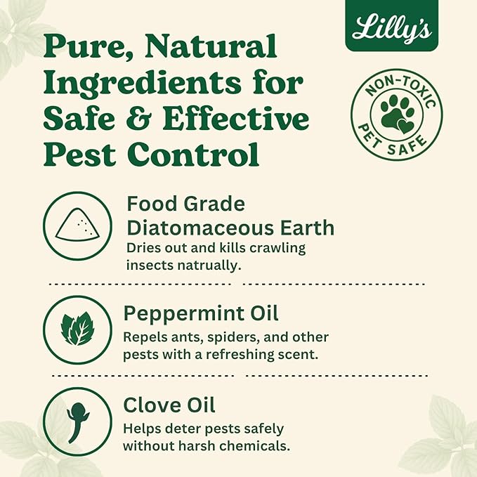 Diatomaceous Earth Food Grade with Peppermint Oil Crawling Insect Killer | Indoor Pest Control Powder for Bed Bug, Roach, Ant, Fleas | Lilly's naturals, 12 fl oz