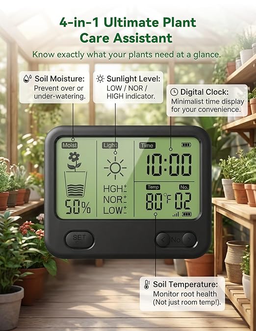 Nexuslab Wireless Soil Moisture Meter with LCD Receiver – 3‑Probe 3‑in‑1 Sensor (Moisture, Temperature, Light), 230 ft RF Range, Waterproof, Long Battery Life for Indoor/Outdoor Plants and Gardens