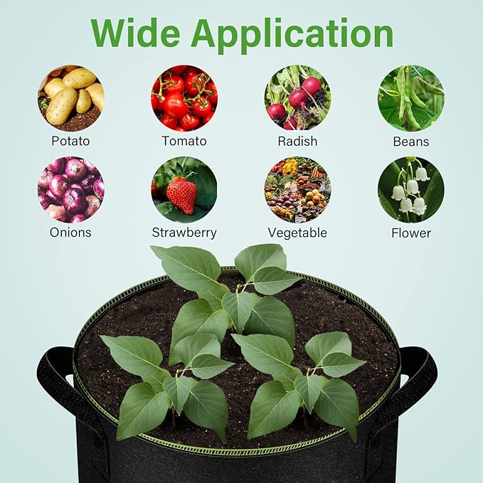 iPower 15-Gallon 5-Pack Grow Bag Thickened Nonwoven Fabric Pots Heavy Duty Aeration Container with Strap Handles for Garden and Planting Vegetable Flowers, Black with Green Stitch Sewing
