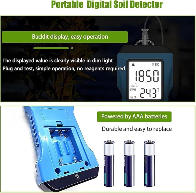 Portable Dissolved Oxygen and NPK Tester, Backlit LCD Soil Test Kit for Garden, Lawn, Farm, Indoor and Outdoor Plants