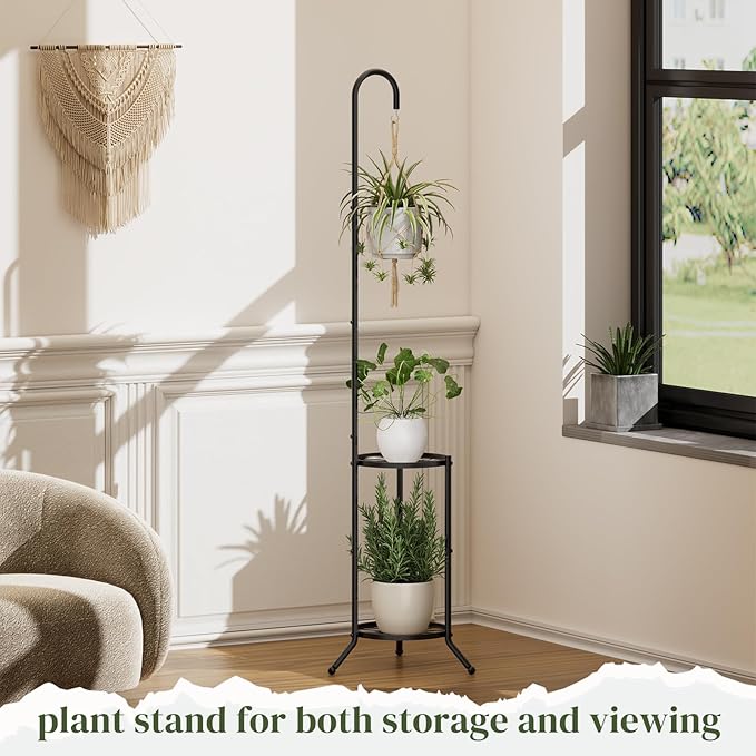 2-tier Hanging Plant Stand Indoor and Outdoor, Space-Saving Iron Plant Shelf, 3 Potted Flower Pot Stand ,Planter Holder for Bedroom Balcony Living Room Patio Garden(Hook Style)