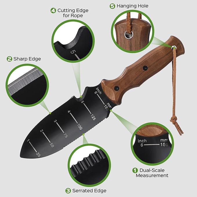 Hori Hori Garden Knife, Garden Tools Trowel with EDC Sheath, Gardening Tools for Weeding Digging Planting with 7" Stainless Steel Blade,Dual-Scale Measurement,Hanging Hole, Gifts for Women Mom Men Dad